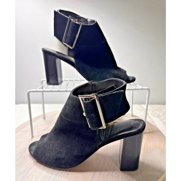 Vanelli Black Suede Peep Toe Block Heel Sandals Buckle Ankle Strap Size 8.5 - Picture 1 of 5
